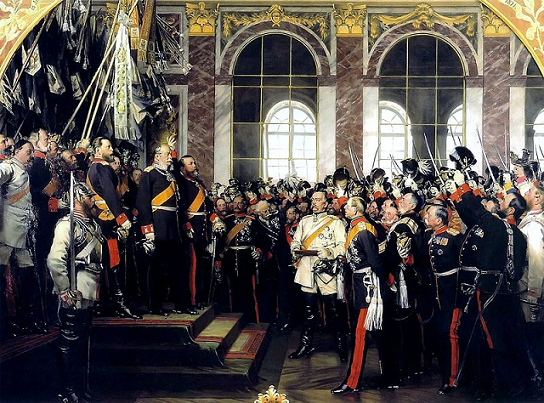 Proclamation de l'Empire allemand dans la galerie des Glaces au château de Versailles - par Anton von Werner -Guillaume Ier de Prusse à gauche - Bismarck au centre, en uniforme blanc